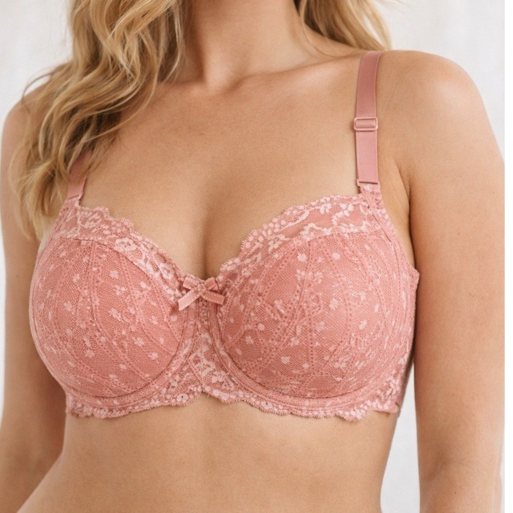 Womens Pink Lace Underwire Bra 36DDD Full Coverage Lined Floral Lingerie Bow